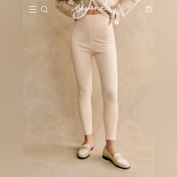 Sezane Ivory Ribbed Conor Legging size SMALL organic cotton lounge wear - Picture 2 of 13